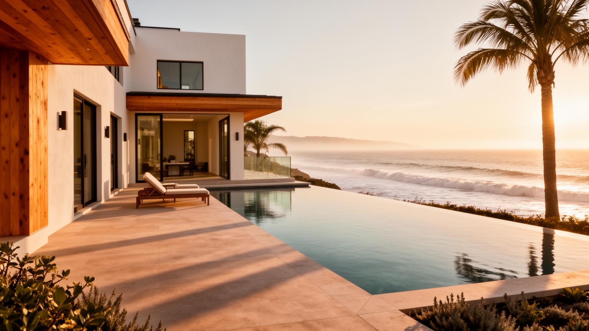 Oceanfront luxury estate at golden hour with infinity pool