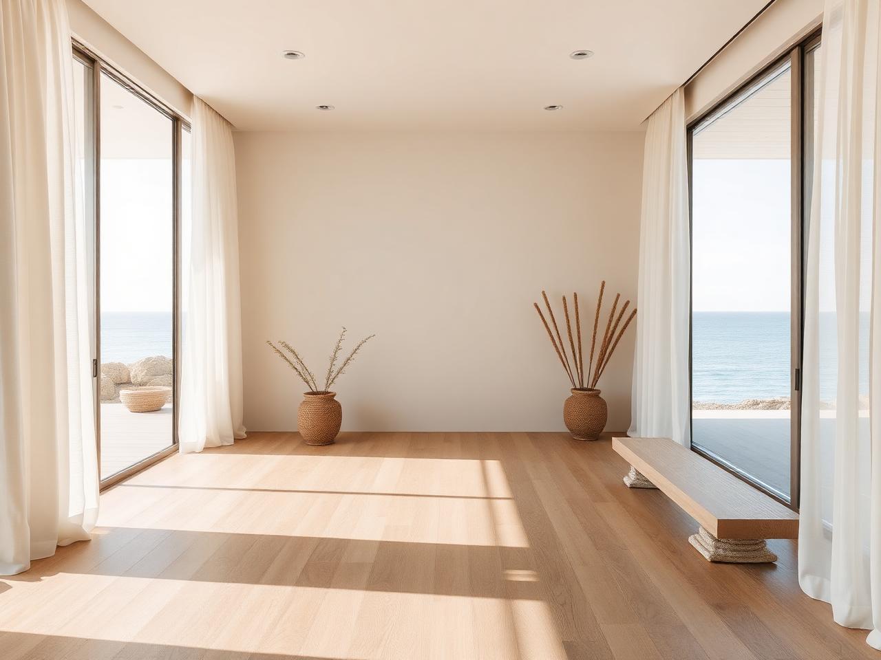 Sunlit coastal interior with ocean views